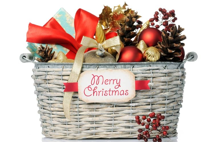 Fill wicker baskets with everything you can find that is related to Christmas