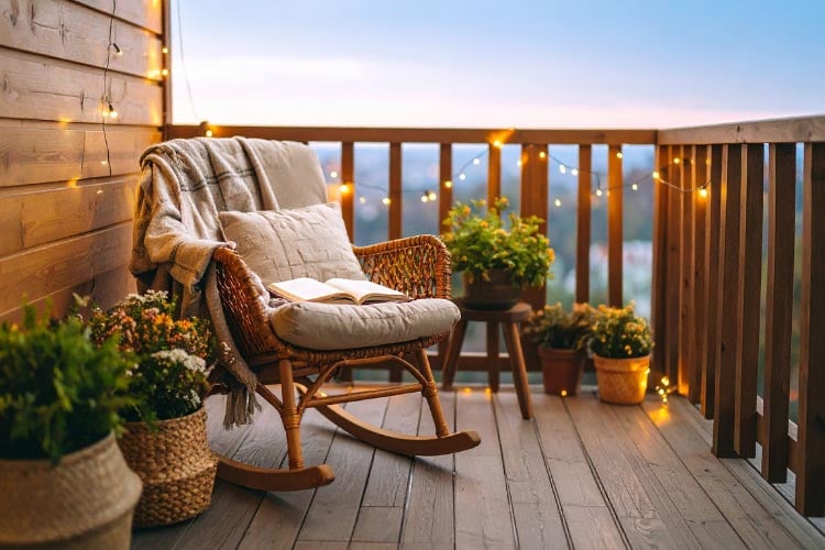 The warm glow of fairy lights or string lights creates a cozy and inviting atmosphere 